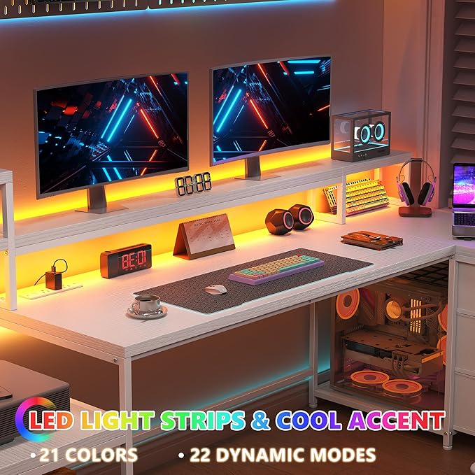 EnHomee 71" L Shaped Gaming Desk with LED Lights, White Computer Desk with Drawers and Printer Shelf, Power Outlet, Reversible Home Office Desks with Storage and Monitor Stand