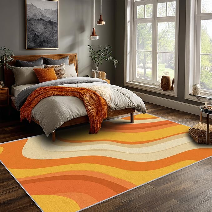 Sunset Flow Area Rug 4x6, Modern Abstract Wave Rug, Retro Orange Neutral Carpet for Living Room Bedroom, Soft Non Slip Washable Rug
