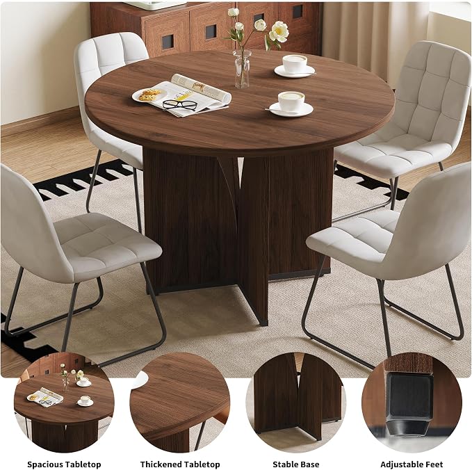 HIPIHOM Modern Round Dining Table Set for 2, 39.4" Walnut Kitchen Table with 2 PU Leather Chairs, 3-Piece Mid-Century Dining Room Set for Small Spaces, Pedestal Base & Ergonomic Padded Chairs