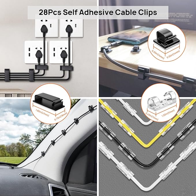 Cable Management Kit - 4 Cable Sleeve, 57 Self Adhesive Cable Clips, 12 Hanging Strips, 12 Cable Organizer Straps and 100 Fastening Cable Ties for TV Computer Under Desk (Black and White)
