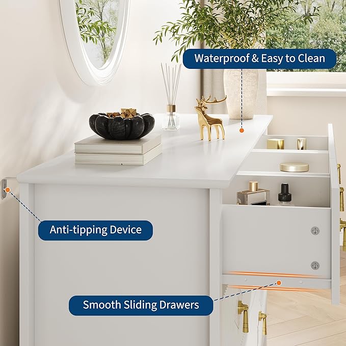 GarveeHome Fluted Dresser for Bedroom, 54 Inch Wide 7-Drawer Wood Dresser, Modern Chest of Drawers, Storage Organizer Cabinet for Living Room, Hallway, Entryway, White