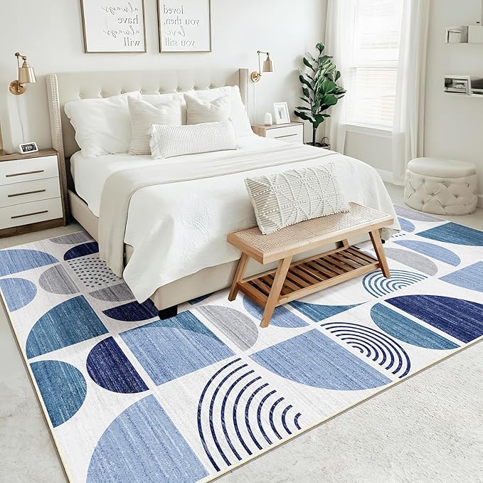 MUJOO Washable Rugs 9x12,Blue Large Area Rugs for Living Room Bedroom Dining Room,Boho Throw Floor Carpet Non Slip Soft Modern Abstract Navy Blue