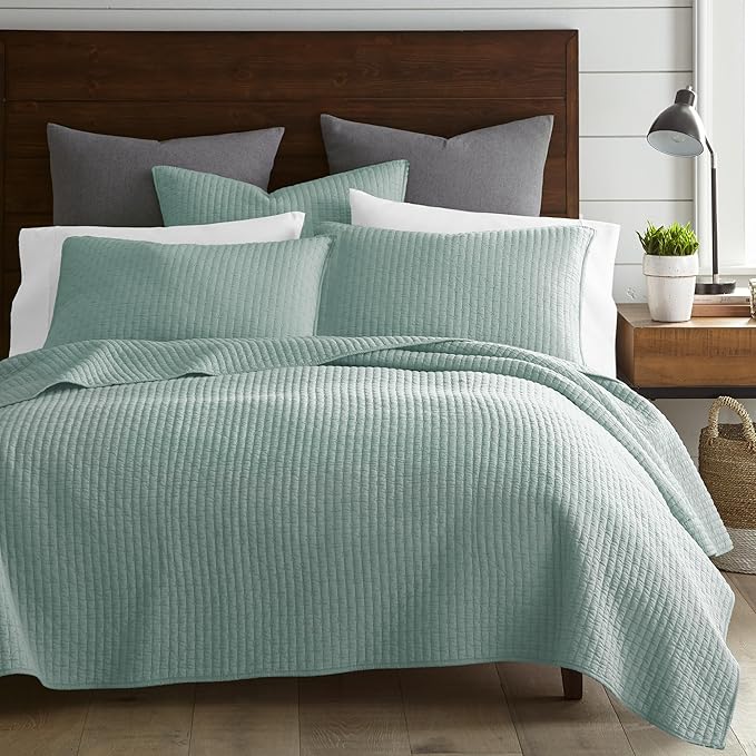 Levtex Home Cross Stitch Reversible King/Cal King Quilt Set (106x92in) with 2 Pillow Shams (36x20in) - Stitch Texture - Blue Haze - Cotton King Size Quilt Bedding Set - Lightweight, Soft, Pre-Washed