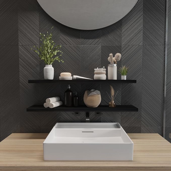 SAUMONIERES Floating Wall Shelves for Bedroom Bathroom Wall Mounted Solid Wood 36 Inches Long Shelf Set of 2, Black Floating Shelves