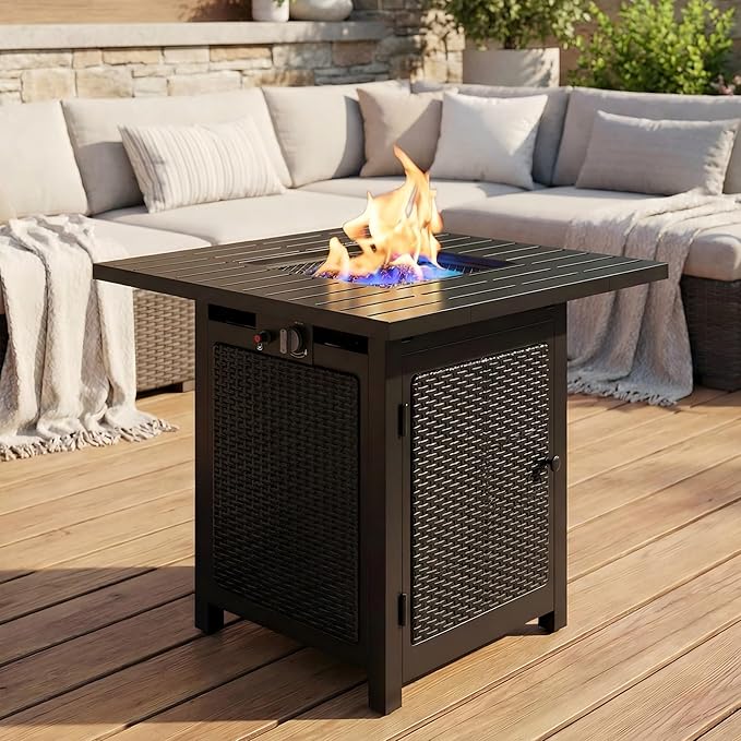 FansaFurn Black Propane Fire Pit Table, 50000 BTU Gas Fire Pits Table with Removable Lid and Lava Rock, Square Fire Table with Cover, 30'', Ideal for Dining or Party on Patio, Garden, Yard