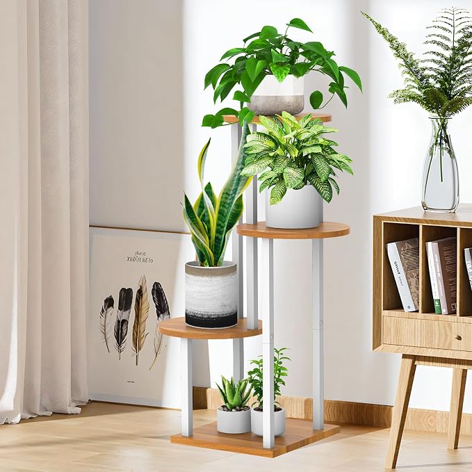 4 Tier Wood Tall Plant Stand Metal Rack Indoor, Multiple Flower Pot Holder Shelves Corner Rack, Round Planter Shelf Display Rack Storage Organizer for Patio Living Room Balcony(White+Wooden)