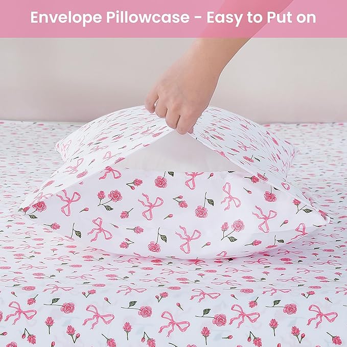 Softan Pink Floral Twin Bed Sheets, Cozy Microfiber Flower Printed Sheets with 15" Deep Pocket Fitted Sheet & Non-Slip Straps, Patterned Pink Rose - Bow Sheets & Pillowcase Set