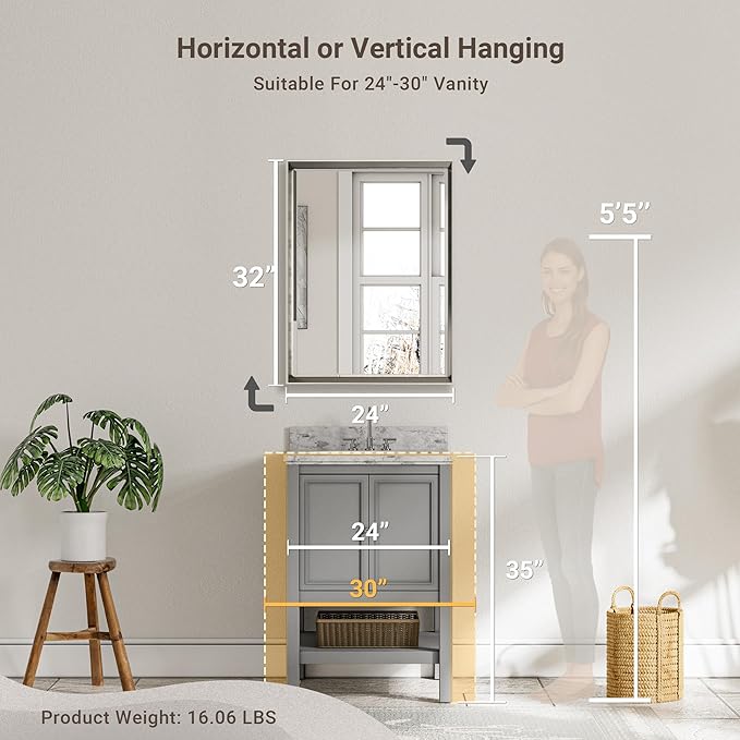 Brushed Nickel Bathroom Mirror, 24x32 Inch Beveled Framed Bathroom Mirror Anti-Rust, Brushed Nickel Metal Frame Bathroom Vanity Mirror for Wall, Vertical/Horizontal Wall-Mounted Mirrors