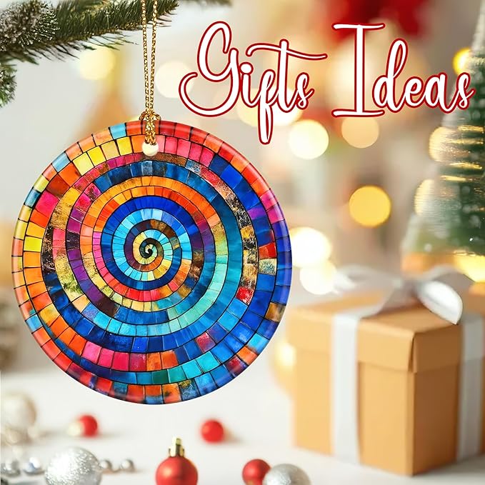 Christmas Ornaments, 2.8 Inch Ceramic Hanging Ornament, Christmas Tree Ornaments, Xmas Decorations, Holiday Decorations, Gifts for Art Lovers, Holiday Party Gifts, and Xmas Gift Ideas - Rainbow Spiral