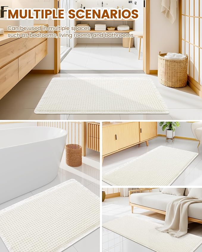 Smiry Waffle Bath Mat 47x24, Extra Soft Absorbent Bathroom Rugs, Non Slip Machine Washable Quick Dry Bath Rugs for Bathroom Floor, Tub, Shower, Home Decor Accessories, Cream