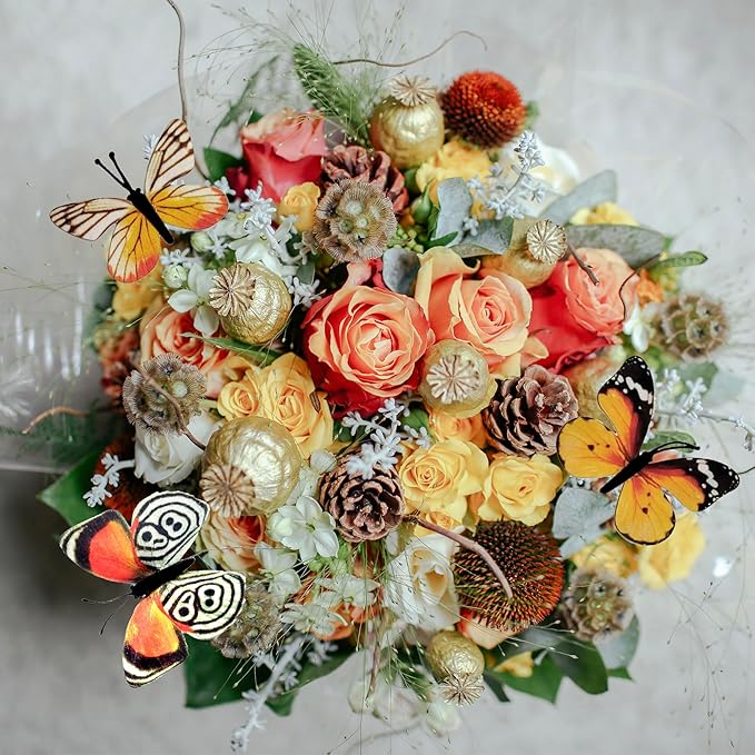 12 PCS Artificial Fabric Butterflies, 2 Sizes Reusable Butterly Crafts Decor, DIY 3D Butterfly Decorations for Fake Flowers Floral Nursery Wedding Tea Party Birthday Easter Spring. (Orange01 Medium)