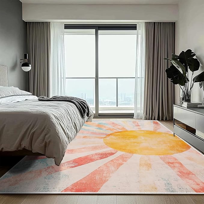 6x9 Boho Sun Area Rug Retro Orange Yellow Blue Beige Bedroom Rug Low Pile Thin Large Carpet Living Room Non Slip Dining Room Stain Resistant Office Washable Machine Classroom