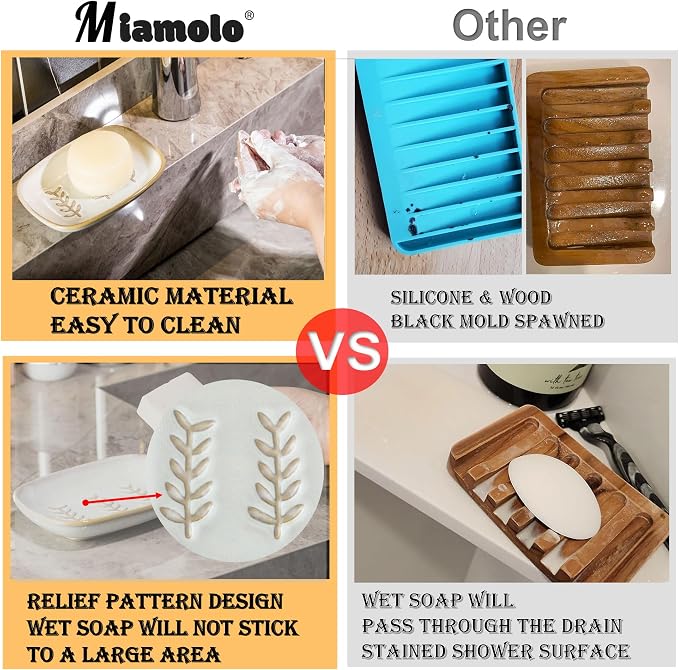 Miamolo Soap Dish Bar Cleaner Dish for Shower, Ceramic Soap Dishes for Large Soap Bar Shampoo or Sponge, Shower Soap Dish Soap Saver Tray for Bathroom Kitchen Sink, Easy to Clean (Pack of 2)