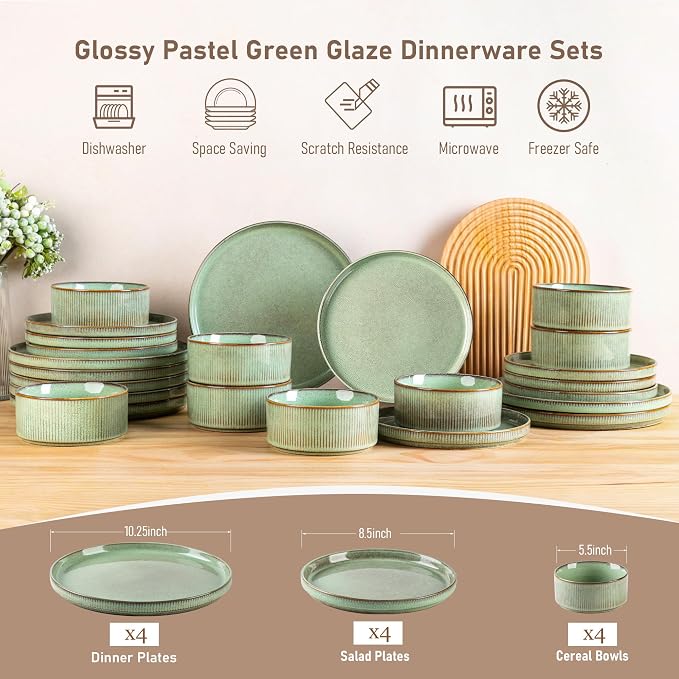 GBHOME 12-Piece Stoneware Dinnerware Set for 4 – Ribbed Ceramic Plates and Bowls, Scratch-Resistant, Microwave & Dishwasher Safe, Reactive Glaze, Pastel Green