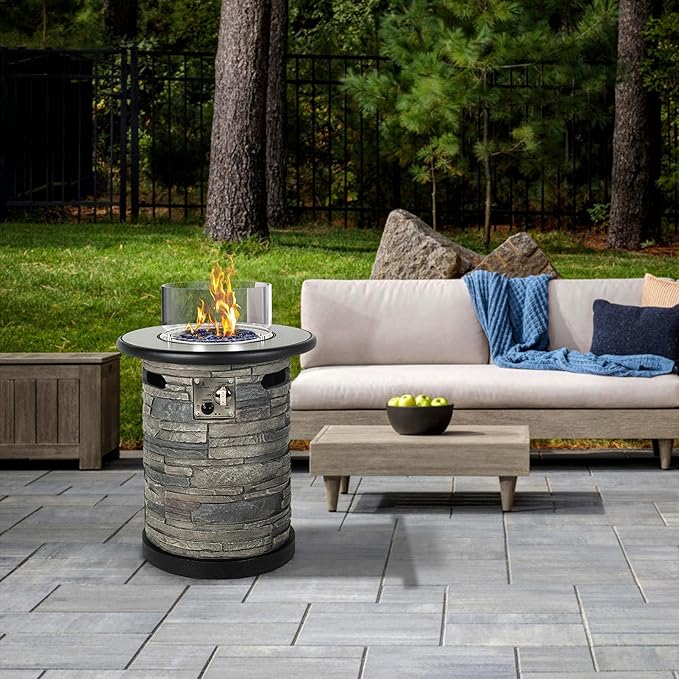 BAIDE HOME Outdoor Propane Fire Pit Table, Round Porcelain Tile Top 22" Fire Bowl Column W/ 40,000 BTU Firepit Table Auto-Ignition 400D Cover Glass Rocks for Outside Patio