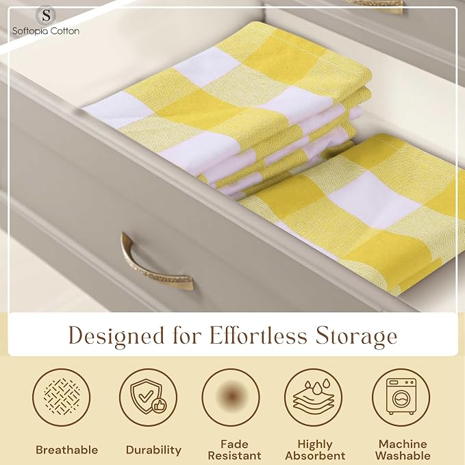 Buffalo Check Kitchen Towels, 16x26 Inches, 12 Pack Plaid Tea Towels, Reusable Cotton Dish Cloths, Quick Drying, Absorbent Towel for Cooking, Drying Dishes, Lemon Yellow and White