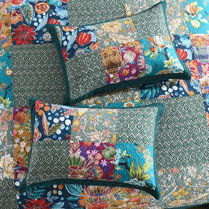 ENASAL Cotton Bedspread Quilt Sets Reversible Bedding Coverlet Sets Comforters, Patchwork Vintage Floral Turquoise Bedspread, King Size