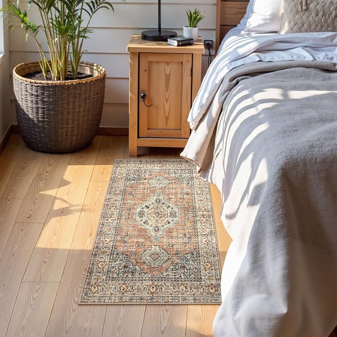 Lahome Oriental Door Mat Indoor Entrance, 2x3 Washable Fall Indoor Rugs for Entryway Soft Small Kitchen Rugs Non Slip Ultra-Thin, Vintage Door Mat Carpet for Bedroom Bathroom, Peach/Orange