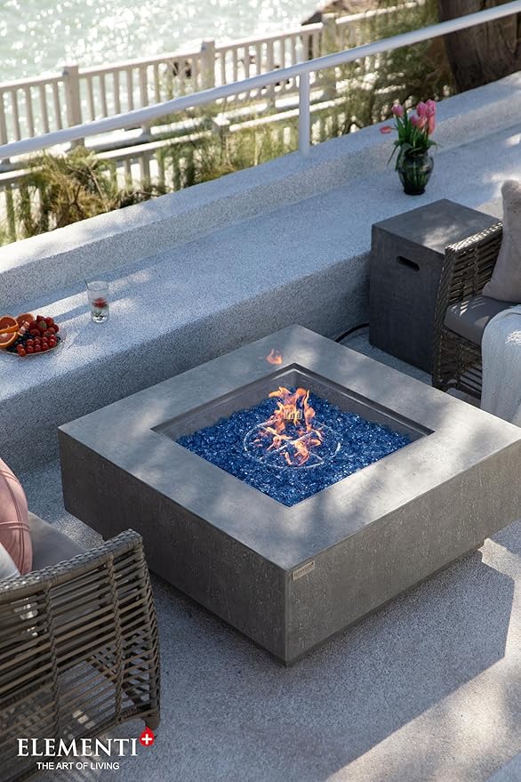 Elementi+ | Bundle Victoria Gas Fire Pit Cast Concrete 40" Square Fire Table, Outdoor Fire Pit Electronic Ignition | Canvas Cover, Fire Glass and Burner Lid Included | Light Gray | Natural Gas