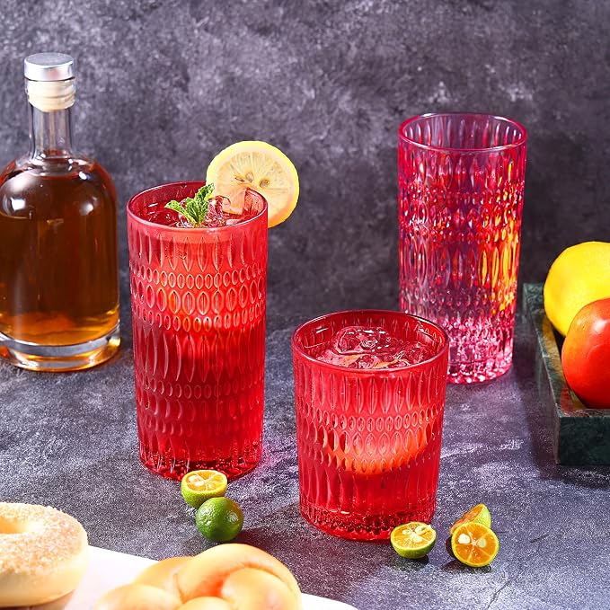 Loivttvv Glassware Drinking Glasses Set of 8, 14 oz Highball Glasses & 10 oz Ribbed Glass Cups, Vintage Glassware for Water, Juice, Cocktail (Christmas Red)