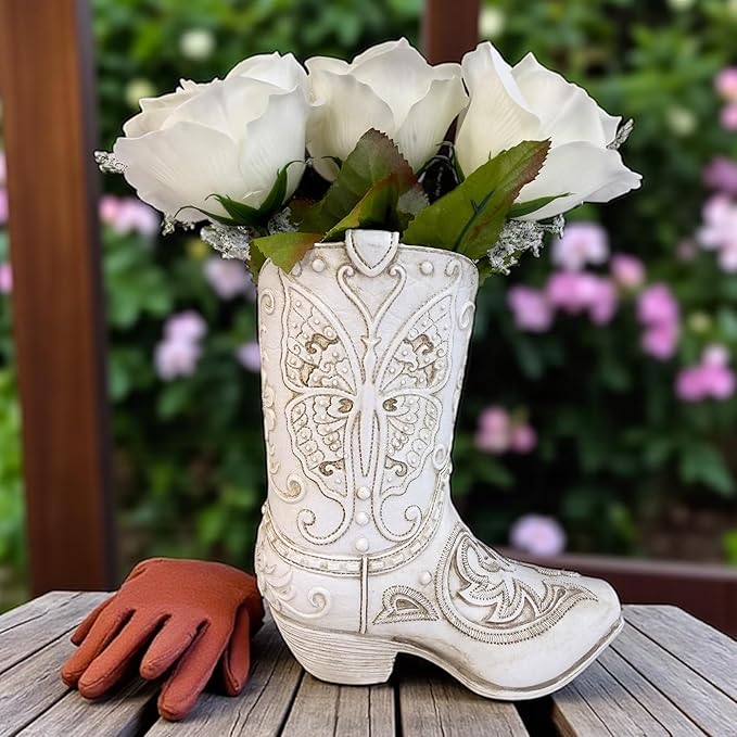 Top Brass Butterfly Boot Vase – Resin Cowboy/Cowgirl Boot Decor - Antique White Finish, Tooled Leather Look, Protective Pads, Modern Rustic Western Flower Holder, 7” Tall
