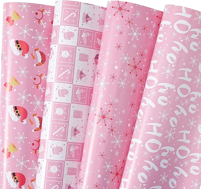 PlandRichW Pink Christmas Wrapping Paper 12 Sheets Folded for Girls Kids Adults, 20 x 29 inches Gift Wrap 4 Designs including HO Prints, Santa Claus, Snowflakes and Reindeer Holiday Collection