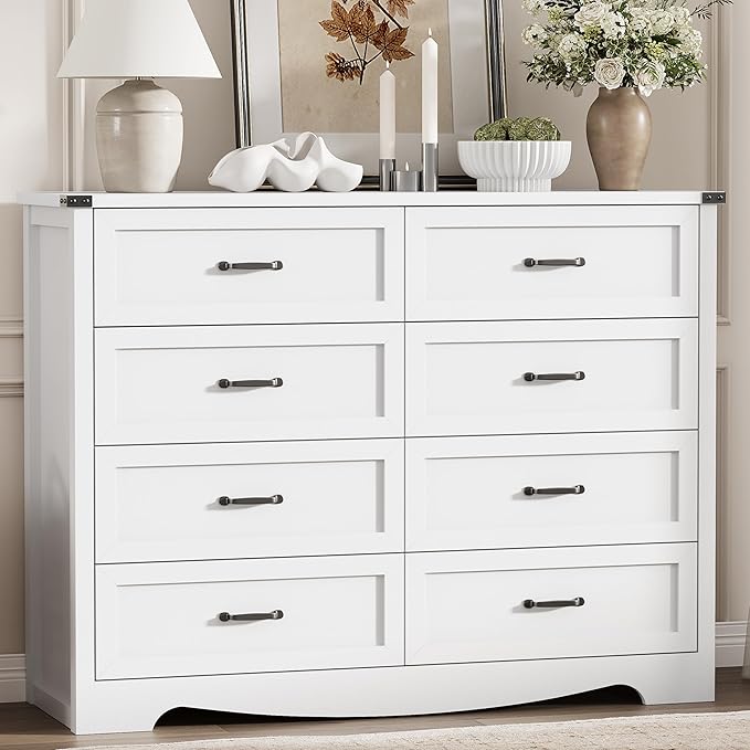 Dresser for Bedroom with 8 Drawers, 54" Wide Wood Chest of Drawers with Deep Drawers & Mental Handle, Modern Dresser TV Stand, Wooden Closet Storage Organizer for Living Room, Hallway, Entryway, White