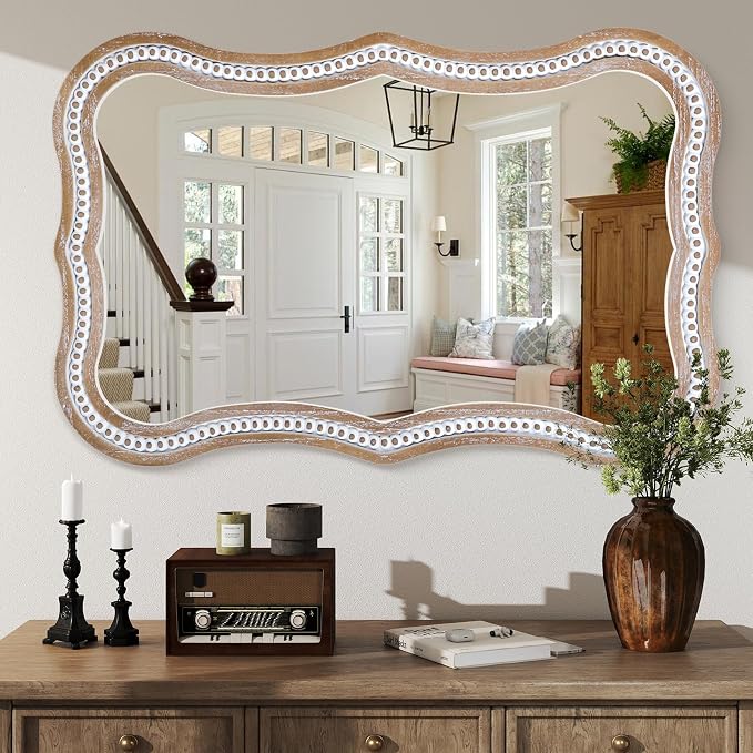 35x24 Inch Wavy Wooden Frame Mirror for Bathroom Over Sink, Rustic Farmhouse Decorative Mirrors for Wall, Entryway, Living Room, Bedroom (Vertical/Horizontal)