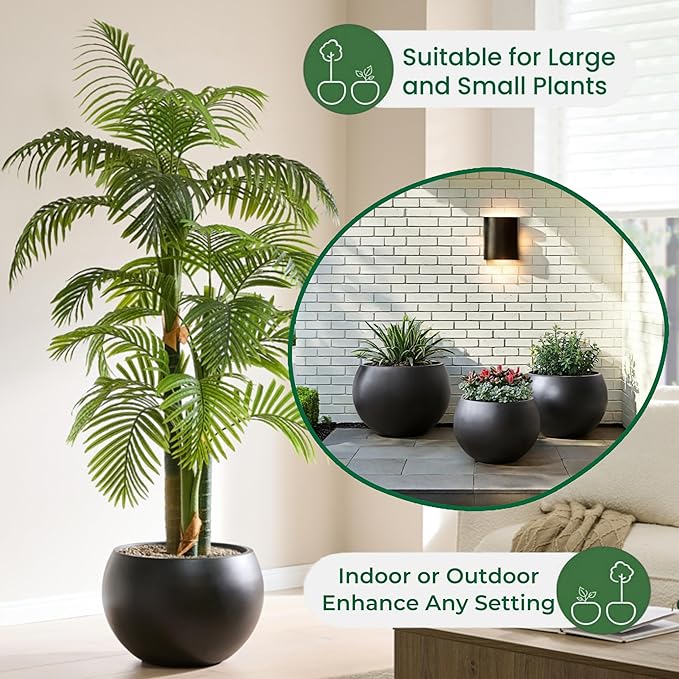 Fiberstone Sphere Planter, Black 19.3" Dia Large Flower Pot with Drainage Hole and Silicone Plug, Round Plant Container for Indoor or Outdoor, 15" Opening-13 H Large