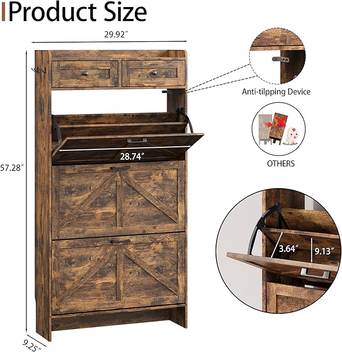 Shoe Cabinet with 3 Flip Drawers & 2 Top Drawers, 57" Tall Freestanding Narrow Wooden Shoe Storage Organizer for Entryway, Hidden Slim Shoe Rack for Front Door Entrance, Hallway, Living Room, Brown