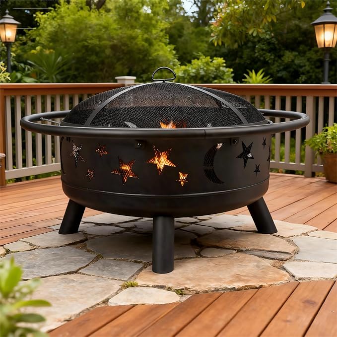 Grovelli 38" Round Wood Burning Fire Pit with Mesh Cover, Fire Poker, Star & Moon Cutouts, Metal Outdoor Firepit for Patio, Backyard, Garden, Bonfire, Camping, Christmas, Thanksgiving, Halloween