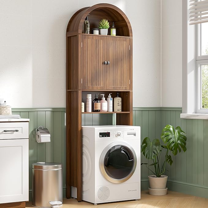 Arched Over The Toilet Storage Cabinet with Fluted Doors, 4 Tier Small Bathroom Shelf Organizer, Mid Century Modern Bathroom Cabinet with Adjustable Shelf, Slim Narrow Arch Toilet Rack, Walnut