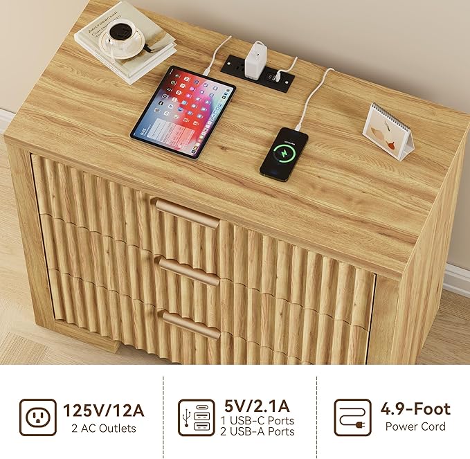 Fluted Dresser for Bedroom, 32 Inch Wide 3 Drawer Dresser with Charger Station for Bedroom Living Rooms Offices, Natural Oak