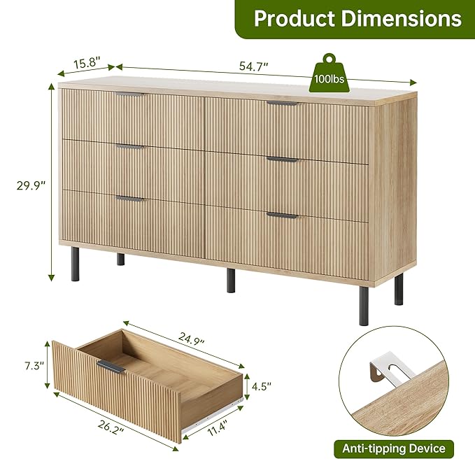 GarveeHome Oak Fluted 6 Drawer Dresser, Wide Wood Double Dresser with Metal Legs and Handles, Modern Chest of Drawers with Anti-Tipping Design for Bedroom Living Room, Hallway