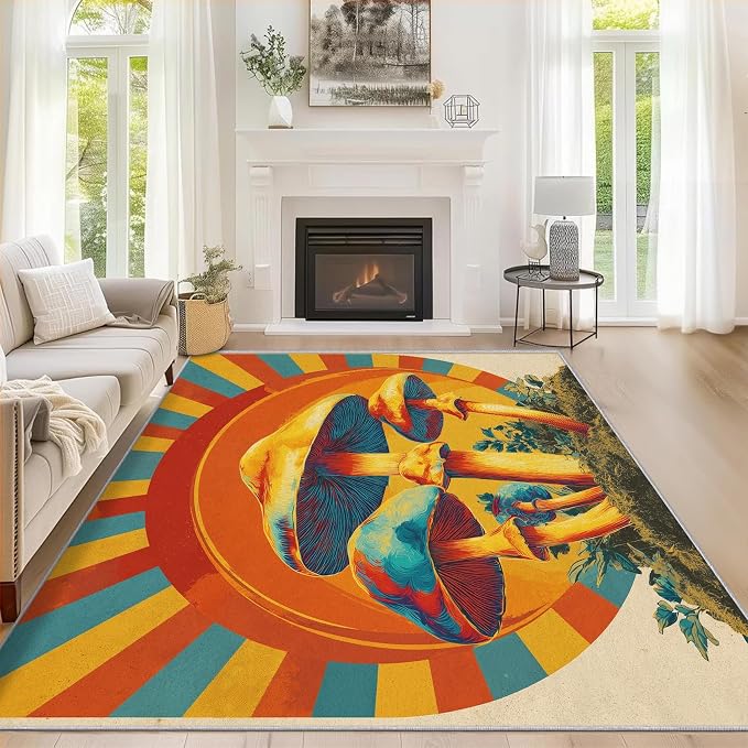 Mushroom Rugs for Home Decor, 3x5 ft, Mid Century Boho Sun Area Rugs for Living Room, Soft Non Slip Washable Retro Trippy Mushroom Carpet Bedroom Decorations Dt-Ghf-69