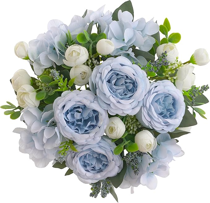 2 Bunches Artificial Peonies Flowers Silk Blue Peonies Fake Hydrangea Flowers Arrangements Table Centerpiece Faux Flores for Bridal Wedding Home Decor (2, Blue White)