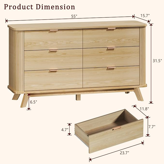 Fluted 6 Drawers Dresser for Bedroom, 55" Mid Century Modern Dresser & Chests of Drawers, Curved Profile Design, Dressers TV Stand, Wood Storage for Hallway, Entryway, Oak