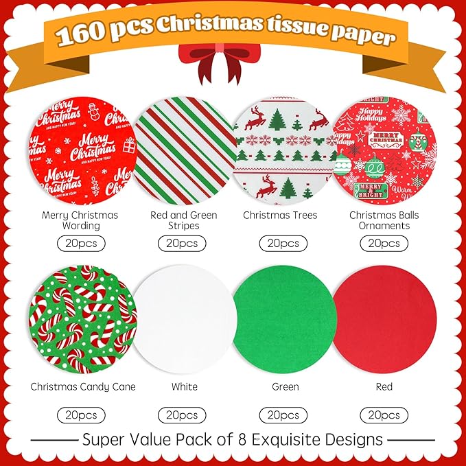 BCUEIDO 160 Sheets Christmas Tissue Paper Assorted Christmas Tissue Paper for Gift Wrapping, Christmas Gift Boxes and Wine Bottles