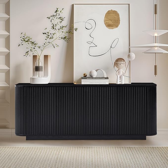64" Buffet Sideboard Cabinet with Storage, Modern Fluted Accent Credenza with Adjustable Shelves, Wood Coffee Bar Console Table for Living Room Kitchen Dining Room Hallway, Black