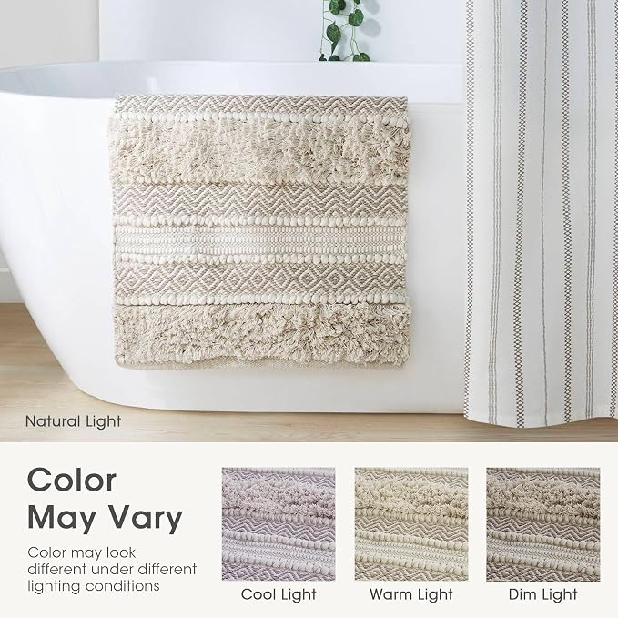 Ink+Ivy Bath Rug Hand-Woven Texture Shaggy Striped Soft & Water Absorbent, Boho Bathroom Décor Bath-Mats, Non-Slip Absorbent Quick Dry Mats for Tub, Shower Room, Asher, 20x32 Natural