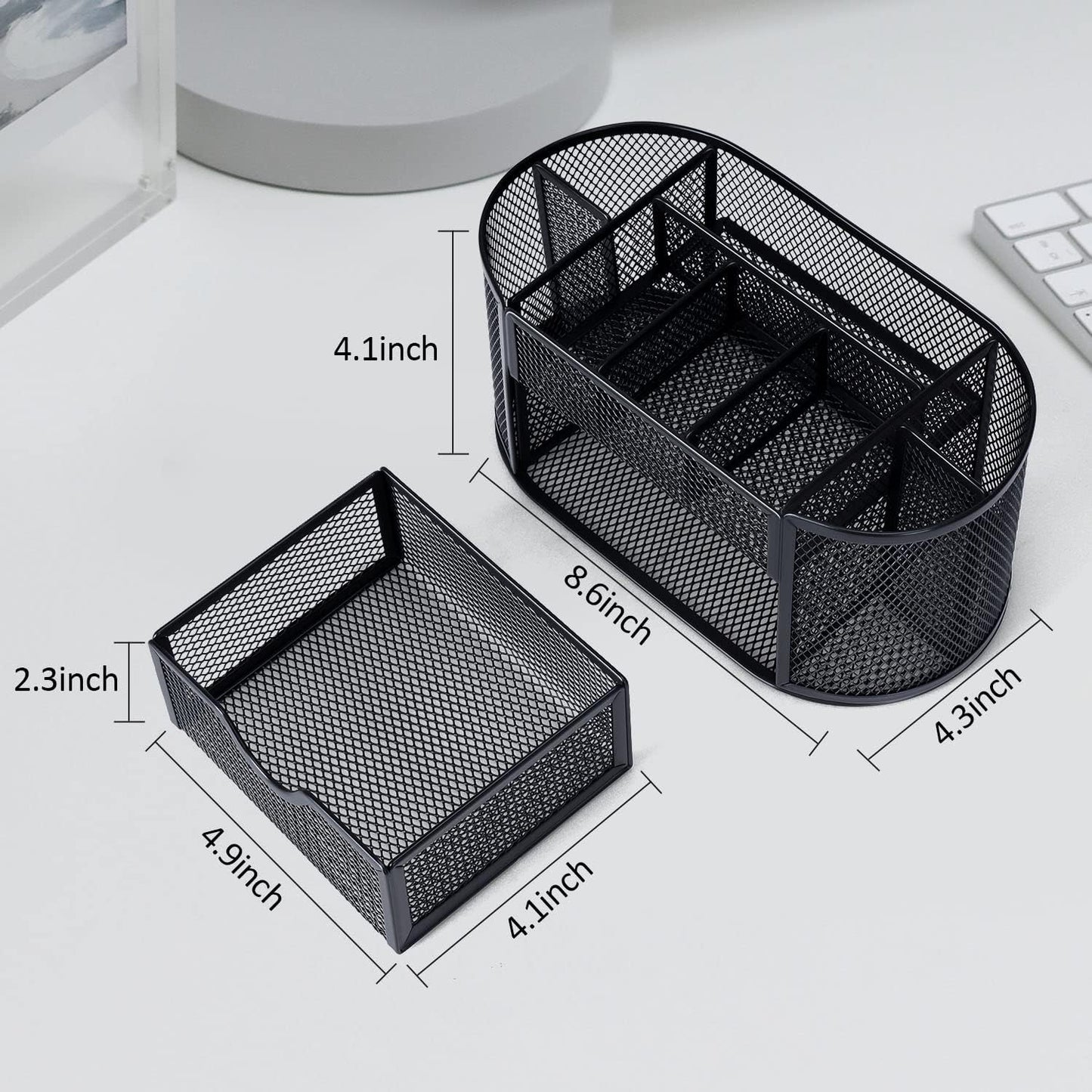 Skiennix Black Mesh Pen Holder - Cute Desk Organizer with 8 Compartments & Drawer for Office, School, Home