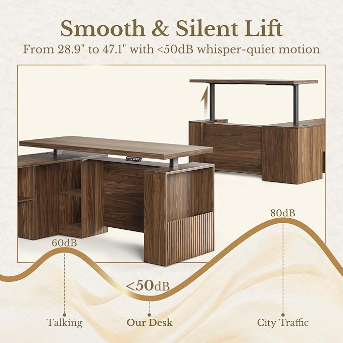 63 Inches L Shaped Standing Desk, Executive Standing Desk with Drawers and File Cabinet, AC/USB, 1.18" Desktop, Multi-sized Storage Cubby, Privacy Panel, Fluted Computer Desk, Black Walnut