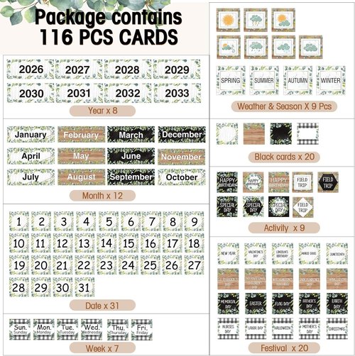 Fulmoon Classroom Calendar Pocket Chart Set - Seasonal & Weather Bulletin Board | Black & Eucalyptus