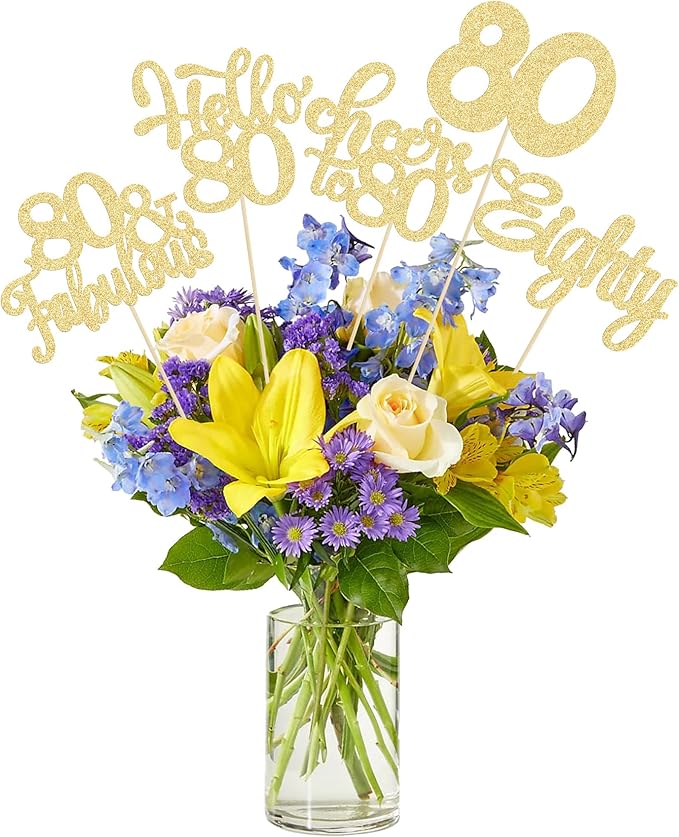 Gyufise 15Pcs 80th Birthday Centerpiece Sticks Eighty Happy 80th Table Flower Centerpieces Sticks Cheers to 80 Floral Decorations for 80th Birthday Party Centerpieces Supplies Gold