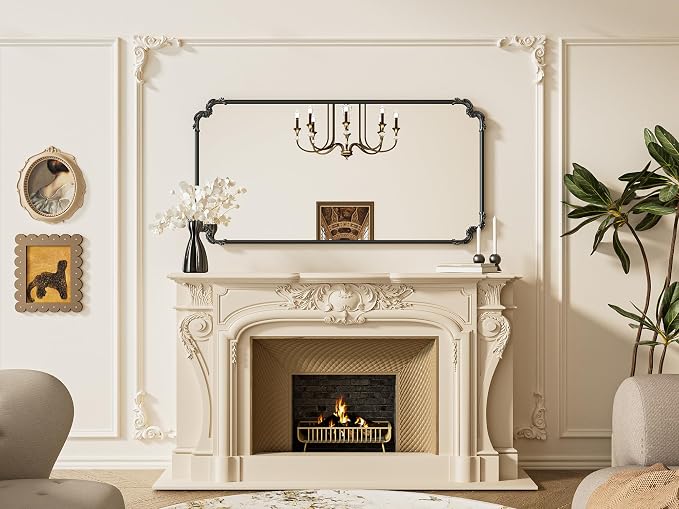 TETOTE Vintage Antique Black Rectangle Mirror for Mantle Fireplace 60 x 30 Traditional Baroque Ornate Scroll Wall Mirror with Metal Frame for Living Room Bedroom, Horizontal/Vertical