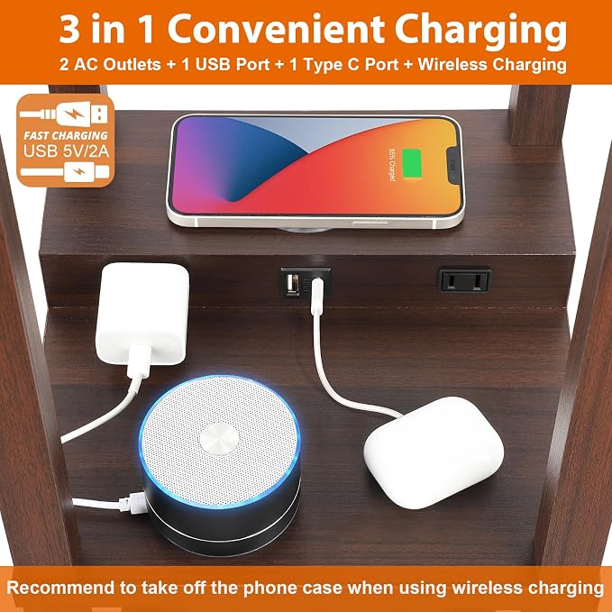 Mlambert Modern Shelf Floor Lamp with Wireless Charger & Fast Charging USB Ports & Type C Port & 2 Power Outlets,3 Tier Storage Lamp for Bedroom,Brown