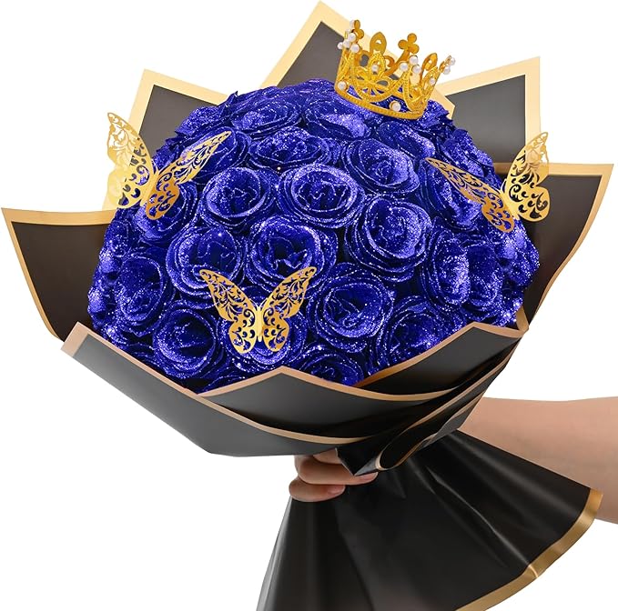 Waipfaru 36 Pcs Glitter Roses Bouquet, DIY Fake Flowers Bouquet, Artificial Blue Rose Bouquet for Valentines, Mothers Day Gifts, Anniversary, Engagement, Wedding