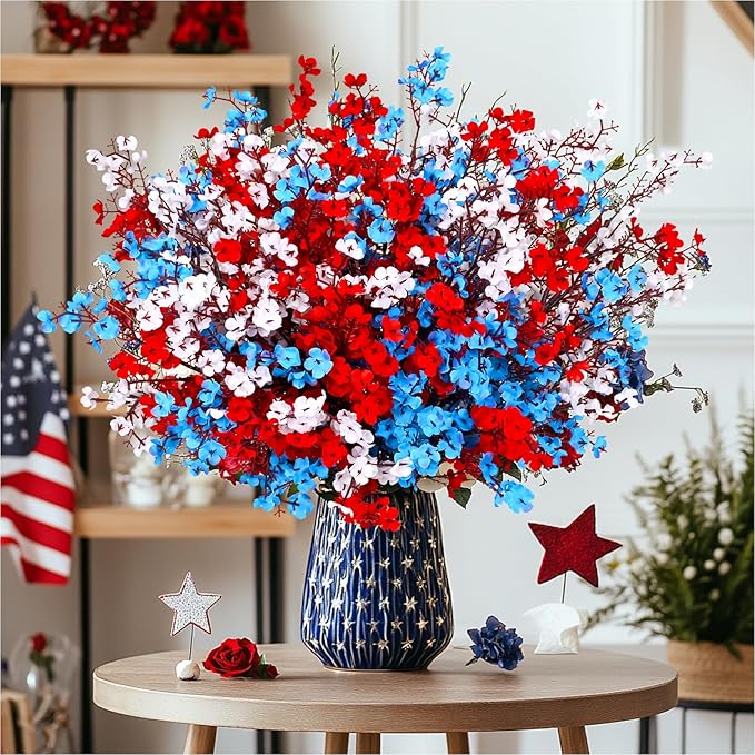 Yastouay 4th of July Artificial Flowers Decorations, 10 Pcs Red White and Blue Decorations, Fake Patriotic Babys Breath Flowers for Independence Day Decor Floral Arrangement