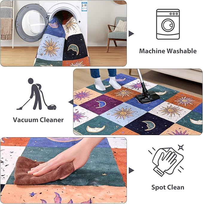 Boho Sun and Moon 3x5 Rug Washable Indoor Thin Doormat, Vintage Mystical Celestial Checkerboard Entryway Rugs Non Slip, Hippie Retro Aesthetic Cute Astrology Throw Rugs for Kitchen Bedroom