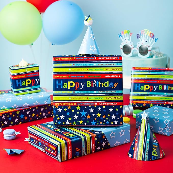 Burymento Reversible Birthday Wrapping Paper for Boys Girls Kids Adults Baby Shower Holiday - Colorful Happy Birthday Lettering and Stars Design - Blue Gift Wrapping Paper Roll, 17 Inch X 32.8 Feet